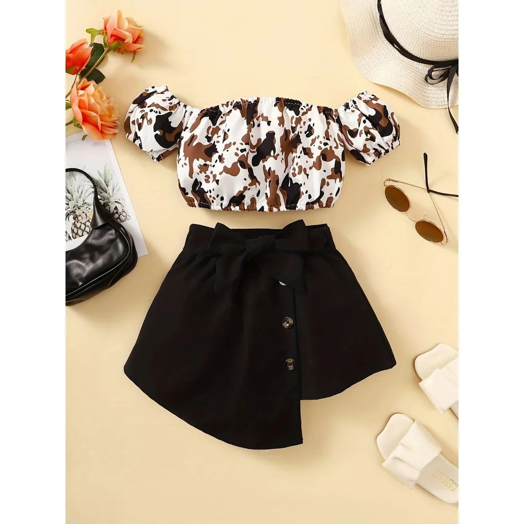 2PCS Toddlers Girl Summer Clothes Set Off Shoulder Leopard Print Top+Short Skirt with Bow Birthday Party Wear for Kids 1-4 Years