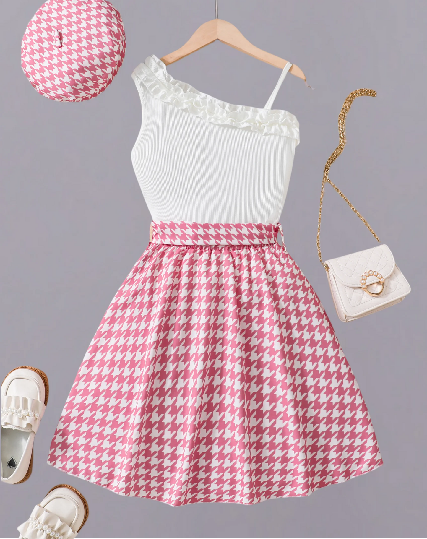 Summer girl sweet cute novel lace oblique shoulder white strap pink thousand bird check bow waist A-line slimming dress with hat