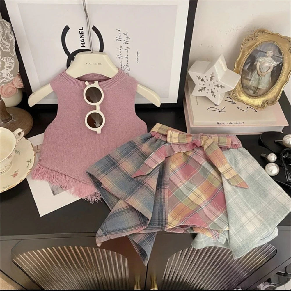 Bear Leader 2025 Summer Girl Suit Korean Version Sleeveless Tassel Vest+3D Bow Irregular Skirt 2-Pcs Set Children's Casual Wear