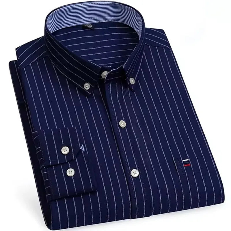 Men's Versatile Casual Checkered Oxford Cotton Shirts Single Pocket Long Sleeve Standard-fit Button Down Gingham Striped 7XL 6XL