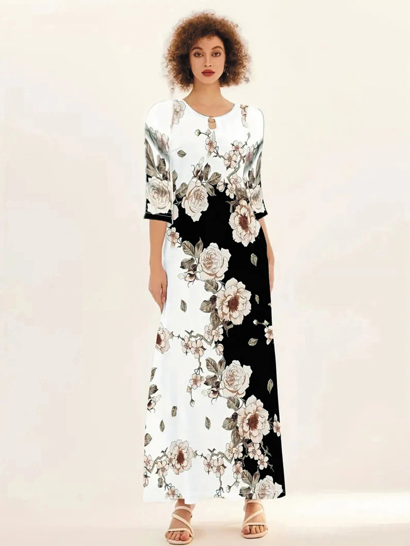 Women's Casual Dress, Plus Size  Print Half Sleeve Round Neck Maxi Dress With Pockets