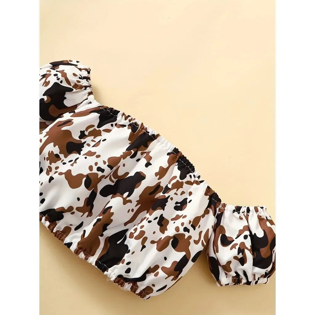 2PCS Toddlers Girl Summer Clothes Set Off Shoulder Leopard Print Top+Short Skirt with Bow Birthday Party Wear for Kids 1-4 Years