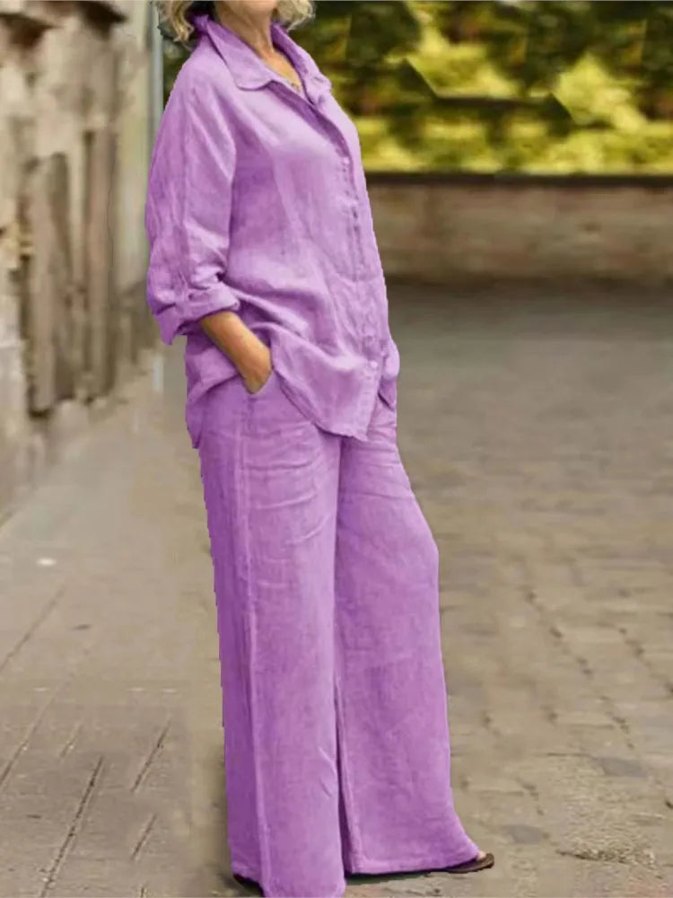 Fashion Cotton Linen Shirt Long Sleeved Women's Set Spring Autumn Loose Cotton  Linen Wide Leg Trousers Female Office 2piece Set