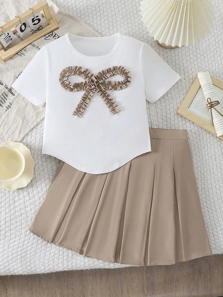 Two Piece Set Of Spring And Summer Women's And Children's Three-Dimensional Bow Short Sleeved Top&Solid Color Pleated Skirt