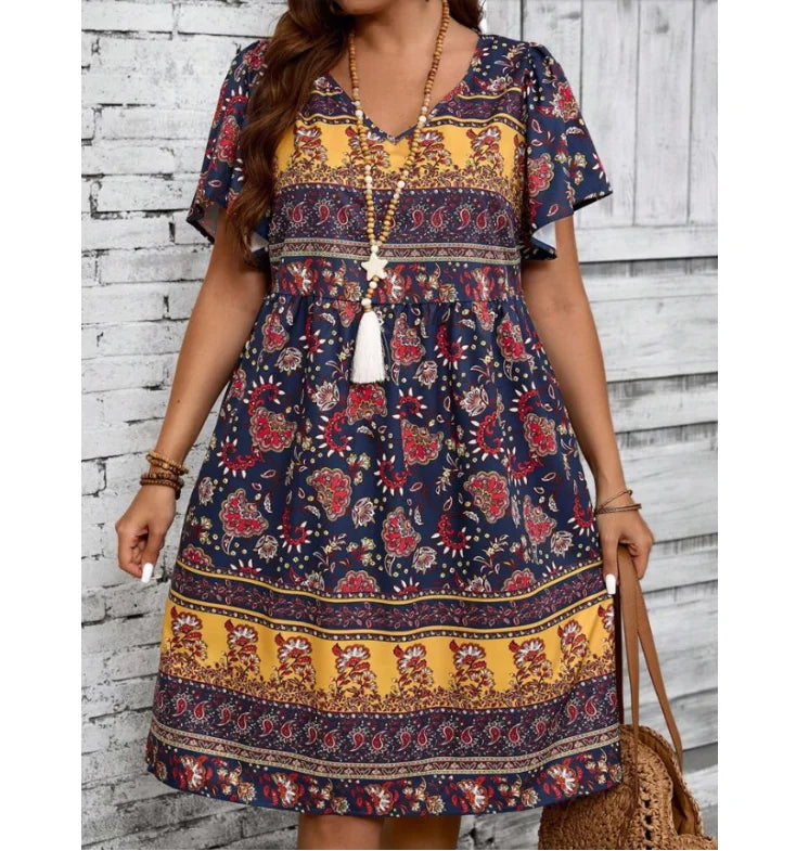 Fashion Print Loose Dress Lady Casual V Neck Pullover Ruffles Short Sleeve Dresses For Women Summer Boho Beach Holiday Skirt New
