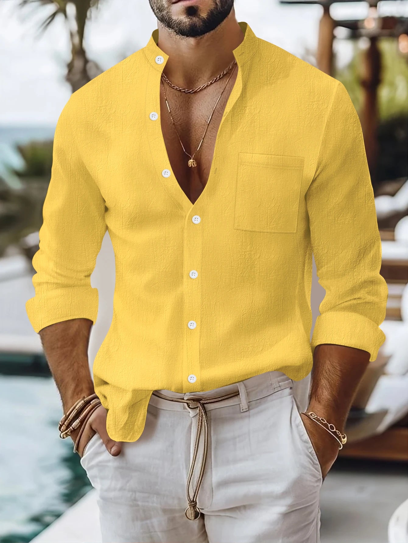 2025 Spring and Autumn New Men's Long Sleeve Shirt Cotton and Hemp Stand Collar Casual Cardigan