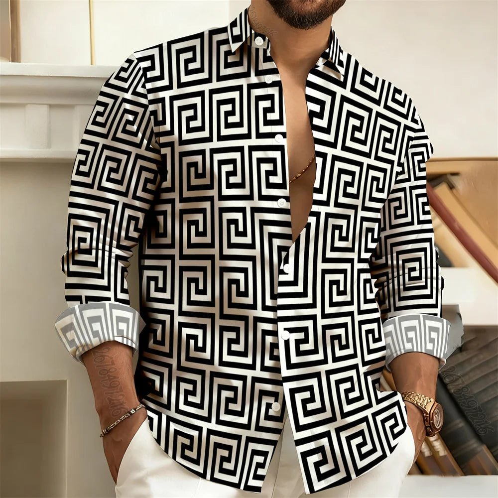 2026 New Men's Long-Sleeved Polo Shirt, Vintage Print Style with Greek Key Pattern, Elegant, Comfortable, and Stylish Men's Top