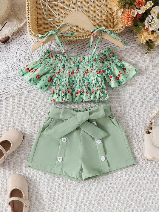 Baby Girl Spring and Summer Casual Floral Print Tank Top and Shorts 2-Piece Set