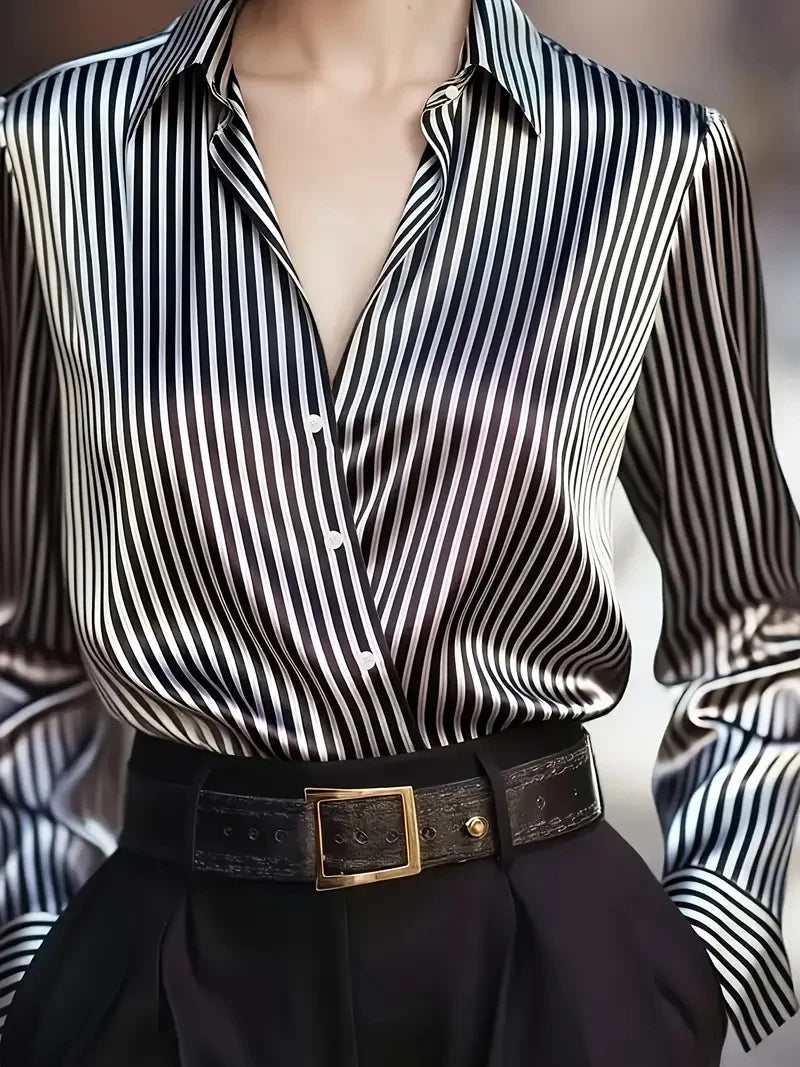 Autumn French design sense retro striped niche long-sleeved shirt for women