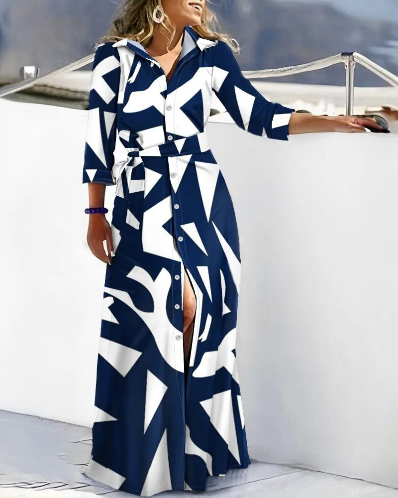 Women Casual Shirt Dress V-Neck Irregular Print Slit Midi Dress Summer Fashion Elegant Beach Vacation Female Clothing