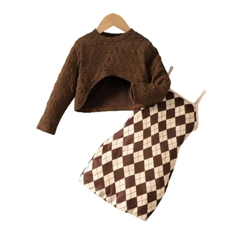 1-8 Years Dress Kid Girls 2PCS Clothes Set Brown Long Sleeved Top+ Lattice Sling Dress Fashion BirthdayParty Photograph Outfit